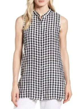 Eileen Fisher Black White Gingham Organic Linen Sleeveless Tunic Top Women's M